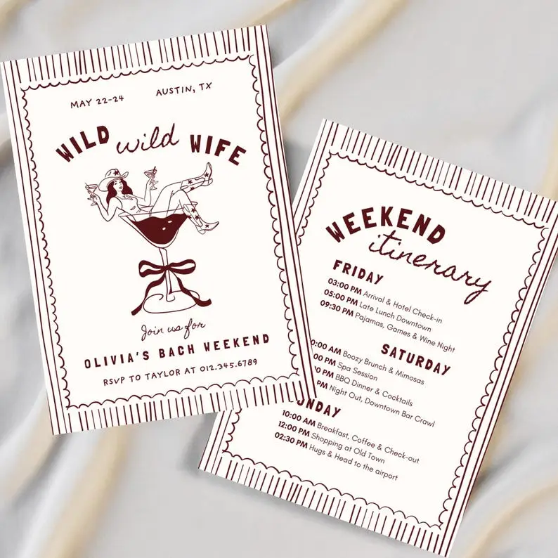 Wild Wild Wife disco cowgirl bachelorette invitation with a mirror ball and boot in hot pink on black, with wide stretched lettering