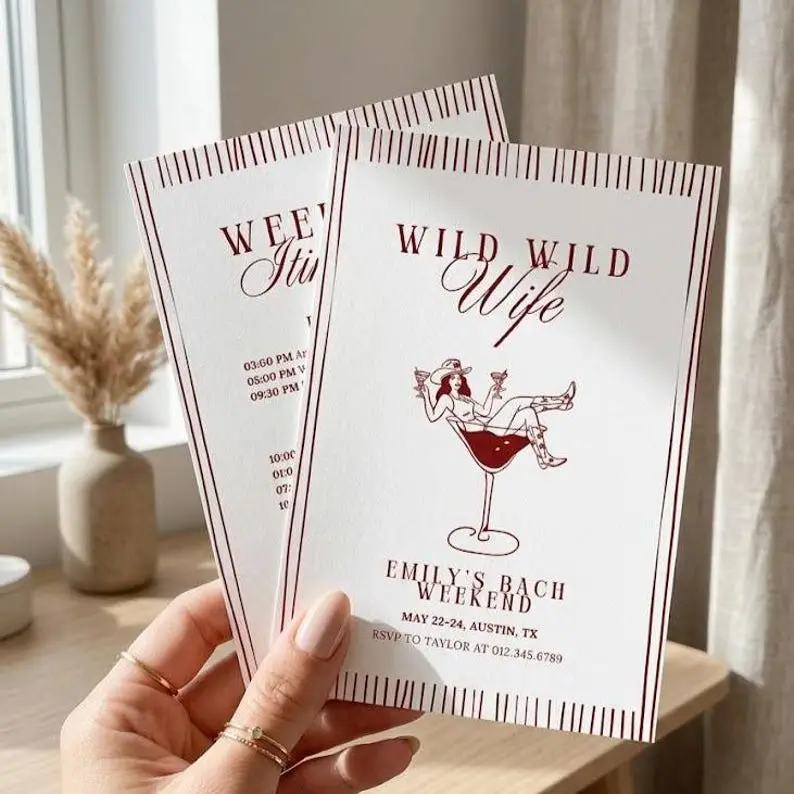 Wild Wild Wife bachelorette invitation on cream with a fine red pinstripe border, showing a hand-drawn cowgirl in a hat reclining in a martini glass tied with a bow, beside a matching weekend itinerary card