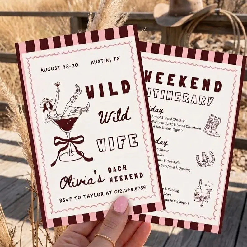 Wild Wild Wife bachelorette invitation on cream with pink and burgundy striped edges, showing a hand-drawn cowgirl reclining in a martini glass tied with a bow, beside an itinerary card marked with cowboy boots and a horseshoe